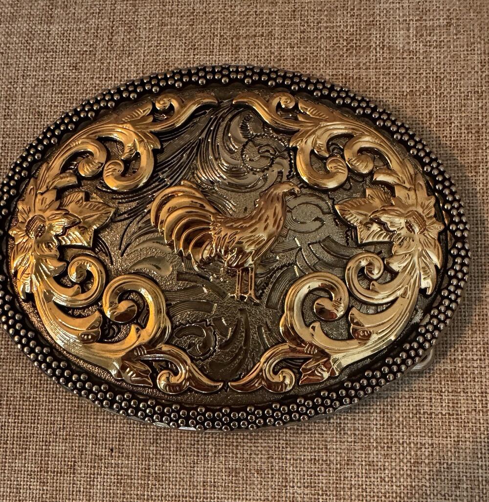 ALSA SILVER & Gold tone OVAL STANDING ROOSTER Belt Buckle